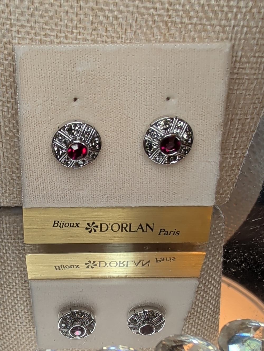 D'Orlan Vintage Rhodium Plated Stud Earrings with Pink Gem New